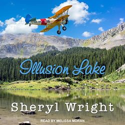 Illusion Lake Audiobook Cover featuring a beautiful backdrop of a lake, trees, mountains, and blue lightly-clouded sky with a biplane flying over it.