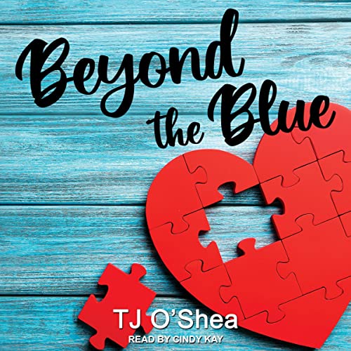 Beyond the Blue audiobook cover, featuring a heart made of puzzle pieces with one piece missing and set to the side. The puzzle is sitting on a blue tinted wood background