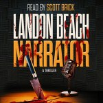 Narrator Audiobook Cover shows an audiobook booth, a mic, and a knife in a desk with the title having splatted blood on it
