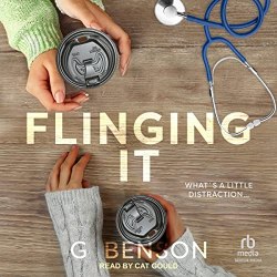 Flinging It Audiobook Cover featuring a top down view of two women holding to go coffee cups. One at the top wearing a green sweater and the one on the bottom wearing a gray one. A stethoscope is sitting in the upper right