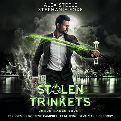 Stolen Trinkets Cover featuring a man in a suit holding a sword that's glowing green with a dark cityscape behind him